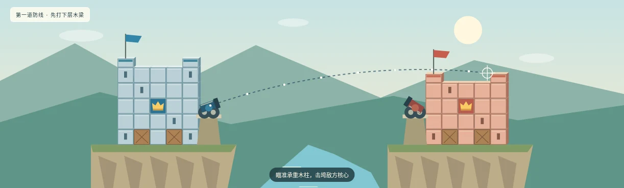 蓝红城堡在山谷中对峙，炮弹沿抛物线飞向城墙